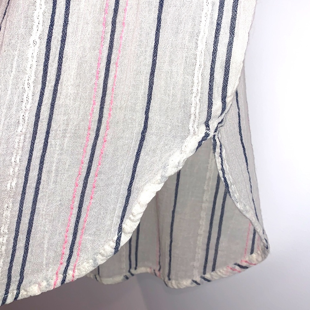 2/$14 Aerie Button Down Short Sleeve Striped Blouse Cream w/ Blue & Pink Stripe - Picture 5 of 8